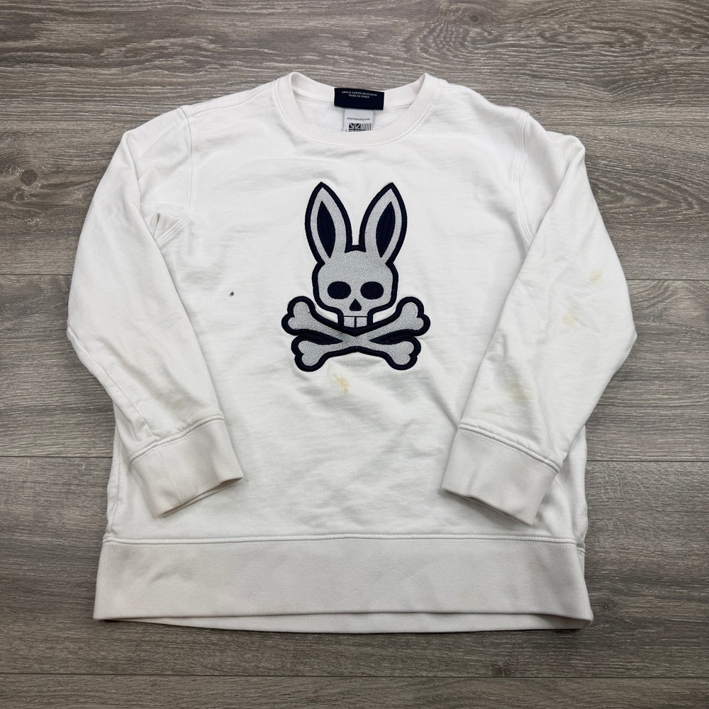 Psycho Bunny Sweatshirt Boys Large White Crewneck Crossbones Embroidered Logo